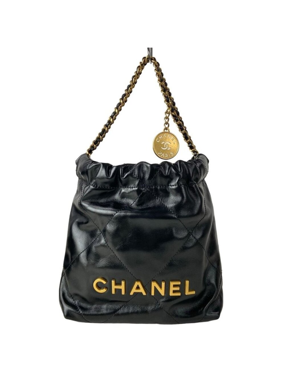 Chanel Handbag 22 Mini Black Chain Handle Vintage Gold Metal
